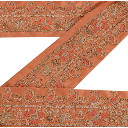 Sanskriti Vintage Sari Border Hand Beaded 1 YD Indian Trim Sewing Peach Lace