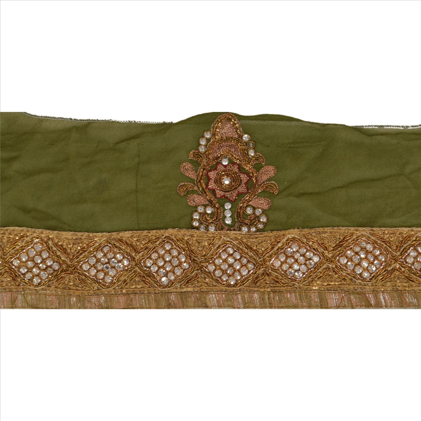 Sanskriti Vintage Sari Border Hand Beaded 1YD Trim Sewing Green Rhinestone Lace