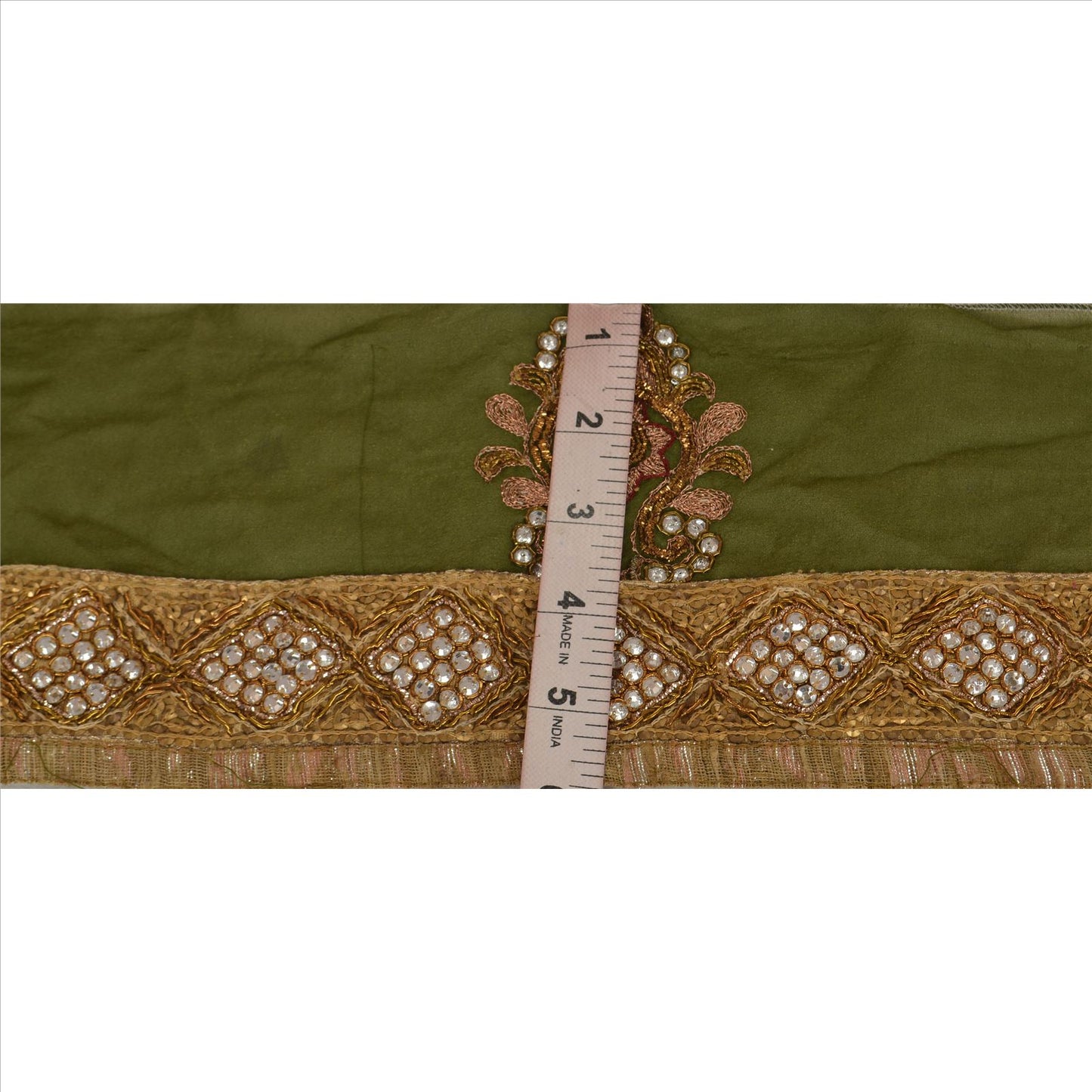 Sanskriti Vintage Sari Border Hand Beaded 1YD Trim Sewing Green Rhinestone Lace