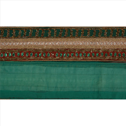 Sanskriti Vintage Sari Border Hand Beaded 1YD Trim Sewing Green Rhinestone Lace