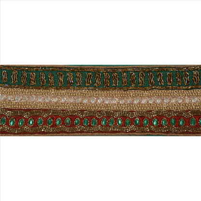 Sanskriti Vintage Sari Border Hand Beaded 1YD Trim Sewing Green Rhinestone Lace