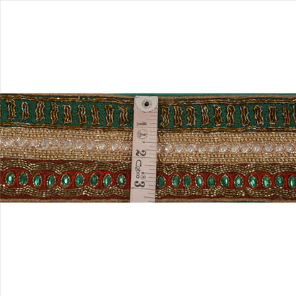 Sanskriti Vintage Sari Border Hand Beaded 1YD Trim Sewing Green Rhinestone Lace