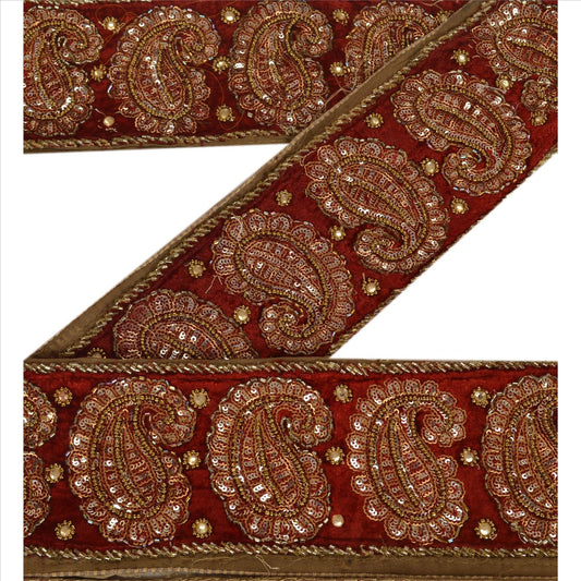 Sanskriti Vintage Sari Border Hand Beaded 1 Yard Trims Sewing Brown Patch Lace