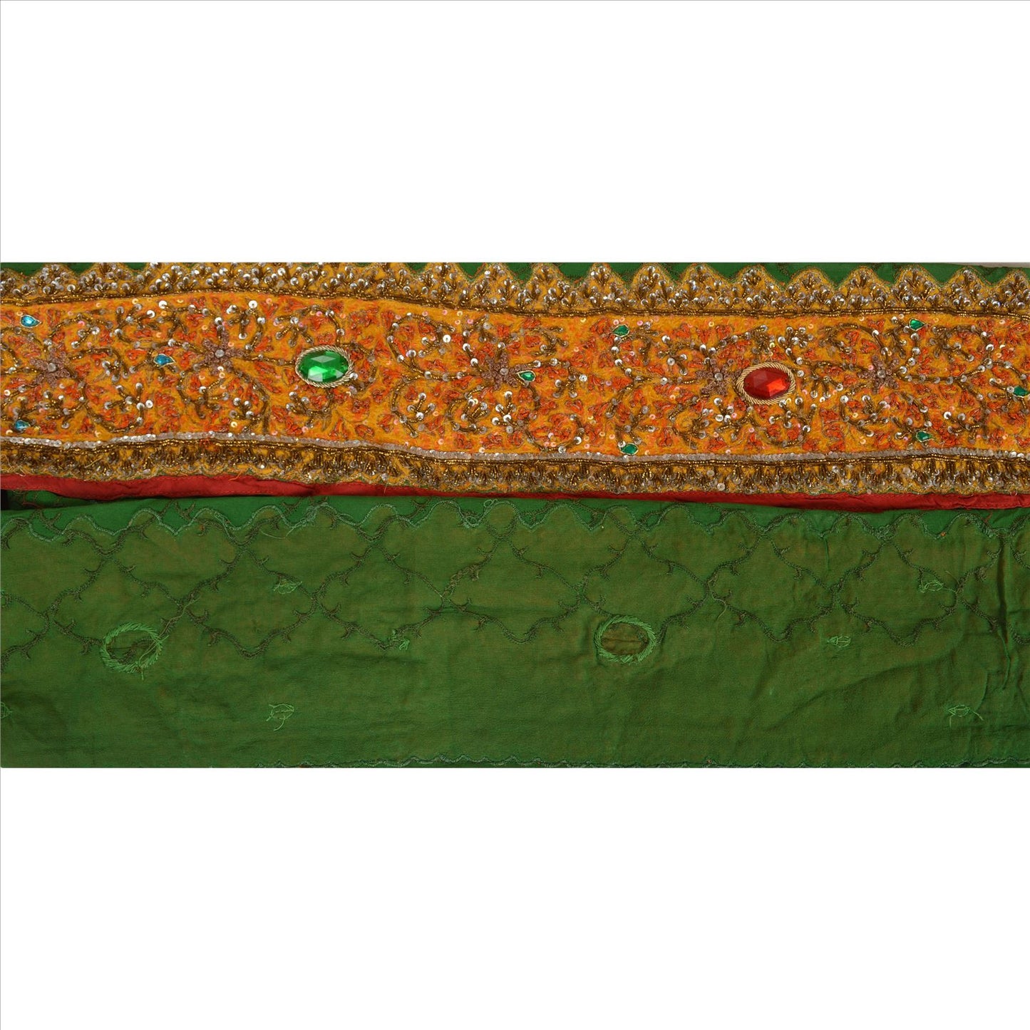 Sanskriti Vintage Sari Border Hand Beaded 1 YD Trim Sewing Green Rhinestone Lace