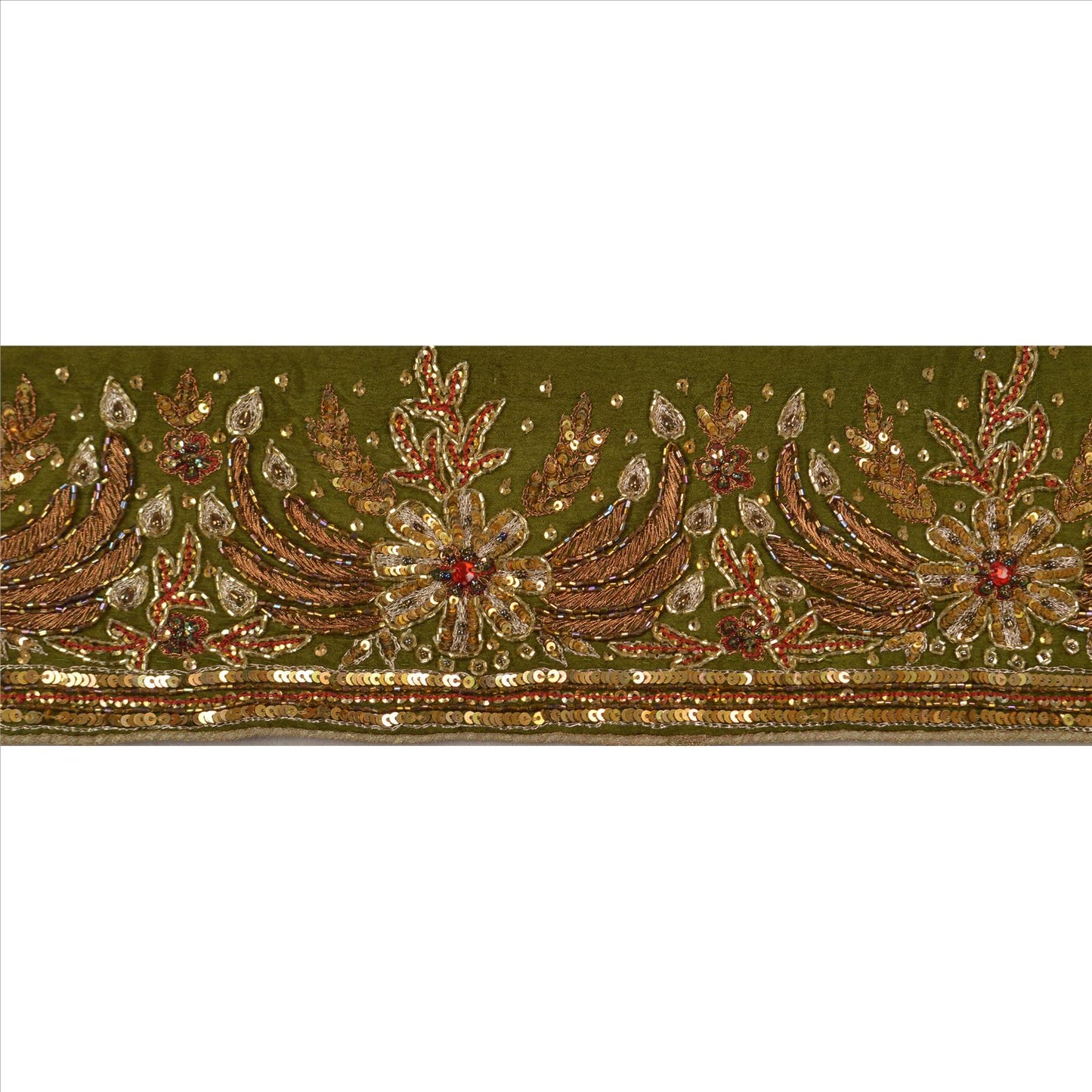 Sanskriti Vintage Sari Border Hand Beaded 1 YD Indian Trim Sewing Green Lace