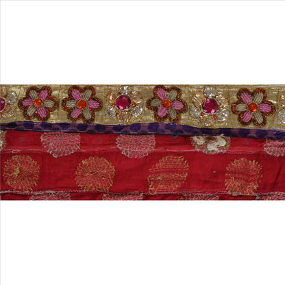 Sanskriti Vintage Sari Border Hand Beaded 1YD Indian Trim Sewing Pink Patch Lace