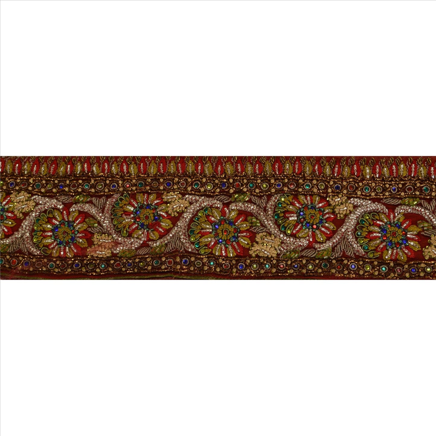 Sanskriti Vintage Sari Border Hand Beaded 1YD Trim Sewing Maroon Rhinestone Lace