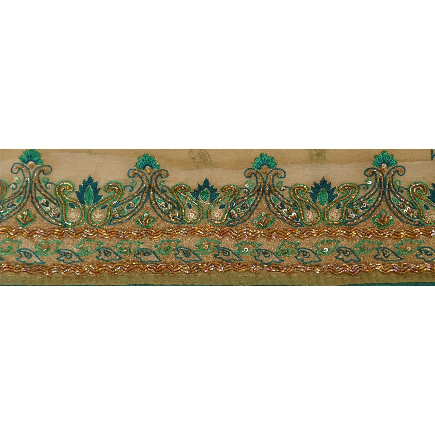 Sanskrit Vintage Sari Border Hand Beaded 1YD Indian Trim Sewing Green Deco Lace