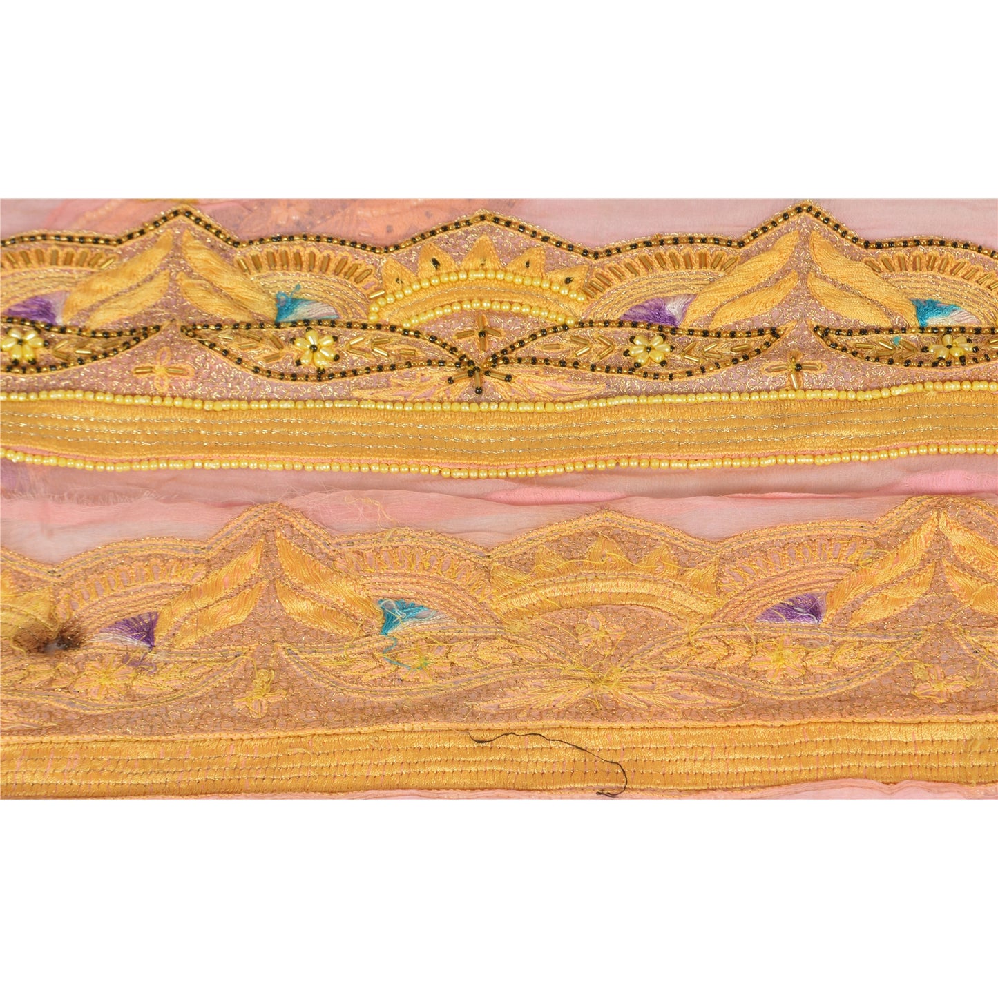 Sanskriti Vintage Sari Border Hand Beaded 1 YD Indian Trim Sewing Pink Lace