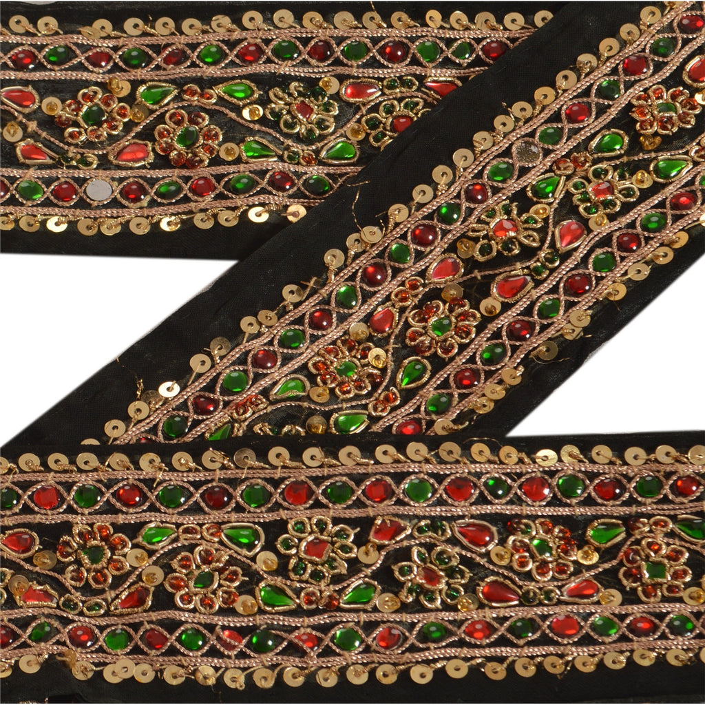 Sanskriti Vintage Sari Border Hand Bead 1YD Trim Sewing Black Kundan Stone Lace