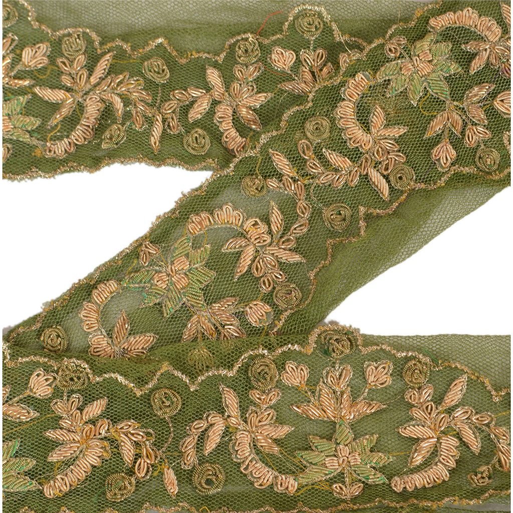 Sanskriti Vintage Sari Border Hand Embroidered 1YD Indian Trim Sewing Green Lace