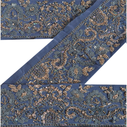 Sanskriti Vintage Sari Border Hand Beaded 1YD Indian Trim Sewing Blue Decor Lace