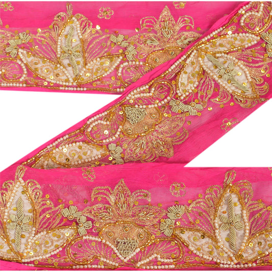 Sanskriti Vintage Sari Border Hand Beaded 1YD Indian Trim Sewing Pink Decor Lace