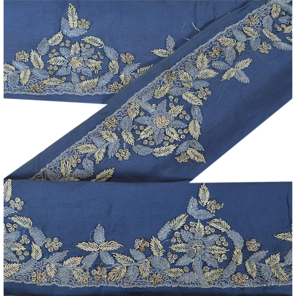 Sanskriti Vintage Sari Border Hand Embroidered 1 Yard Trim Sewing Blue Lace