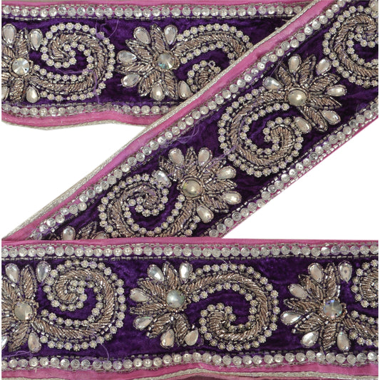 Sanskriti Vintage Sari Border Hand Beaded 1YD Indian Trim Sewing Pink Decor Lace