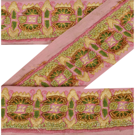 Sanskriti Vintage Sari Border Hand Beaded 1YD Indian Trim Sewing Pink Decor Lace