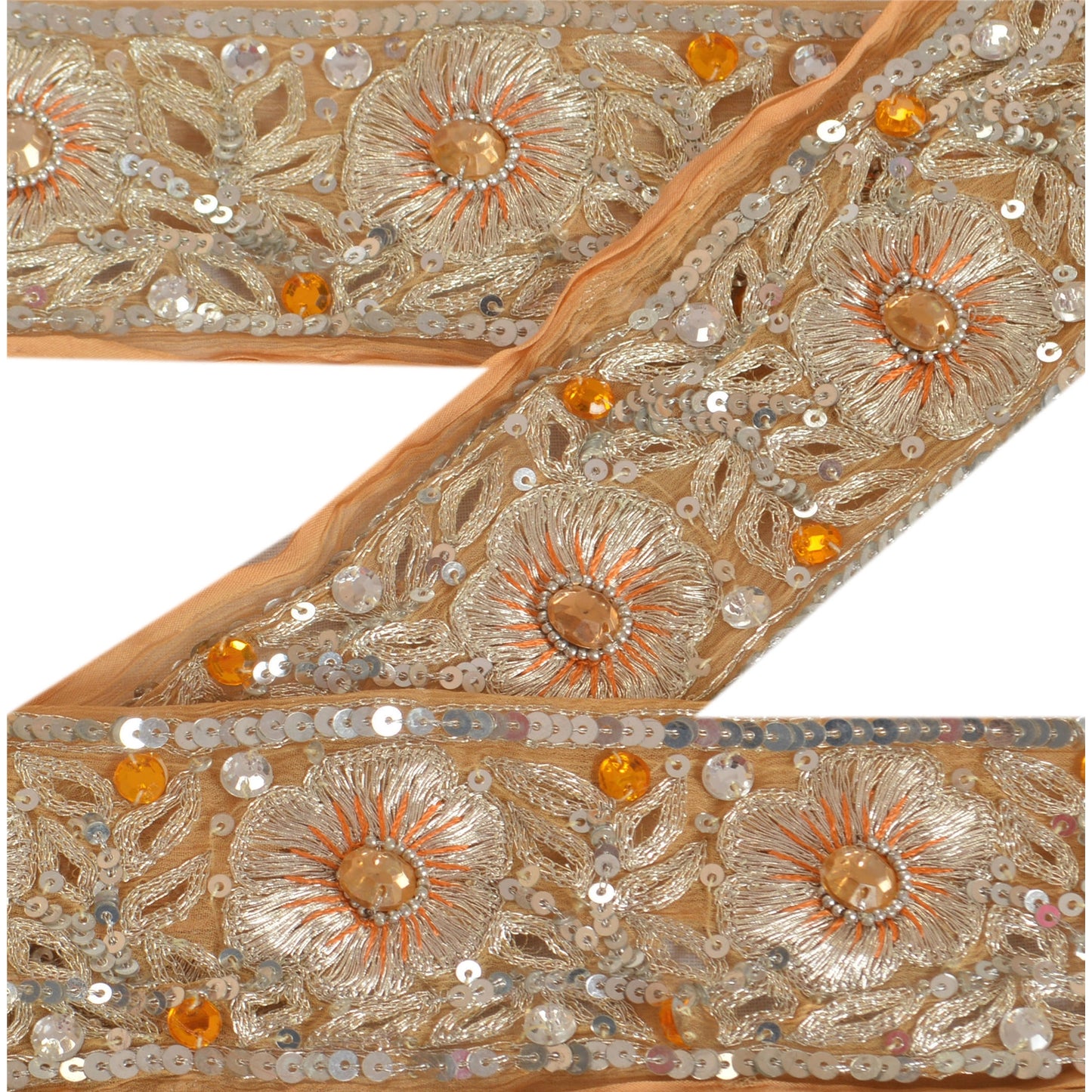 Sanskriti Vintage Sari Border Hand Beaded 1 YD Indian Trim Sewing Peach Lace