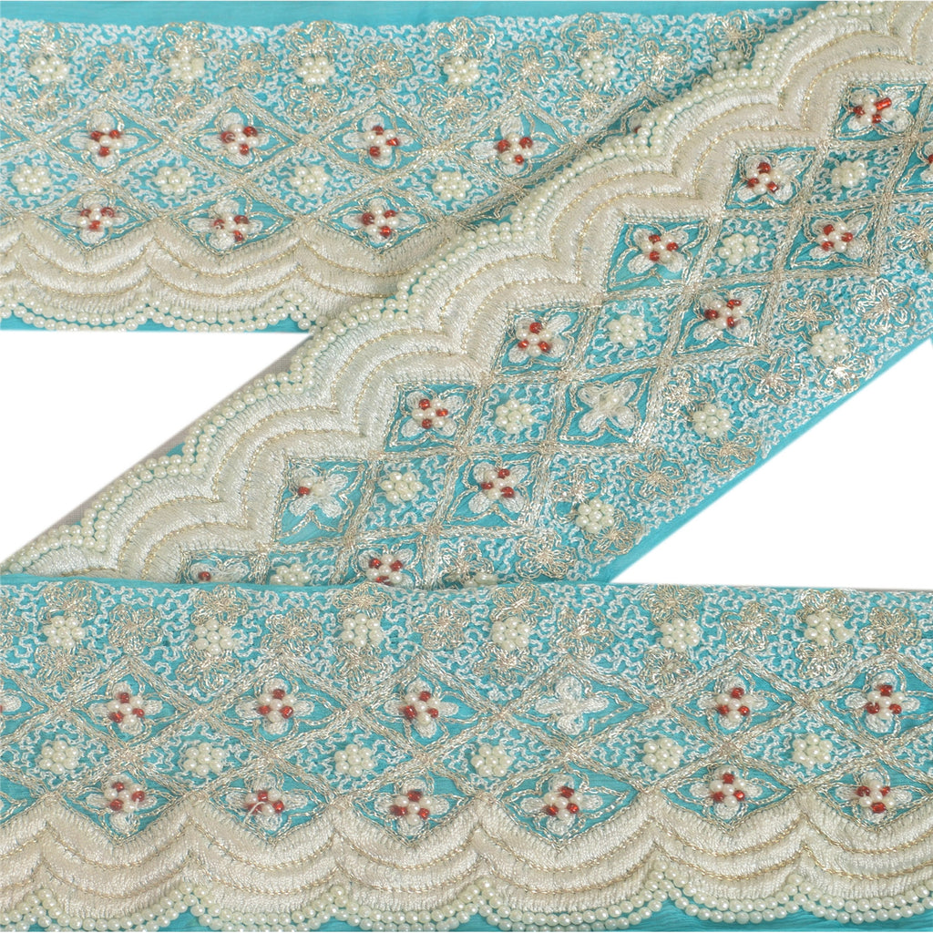 Sanskriti Vintage Sari Border Hand Beaded 1 YD Indian Trim Sewing Blue Zari Lace