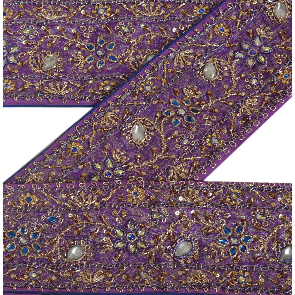 Sanskriti Vintage Sari Border Hand Beaded 1 Yard Trims Sewing Purple Deco Lace