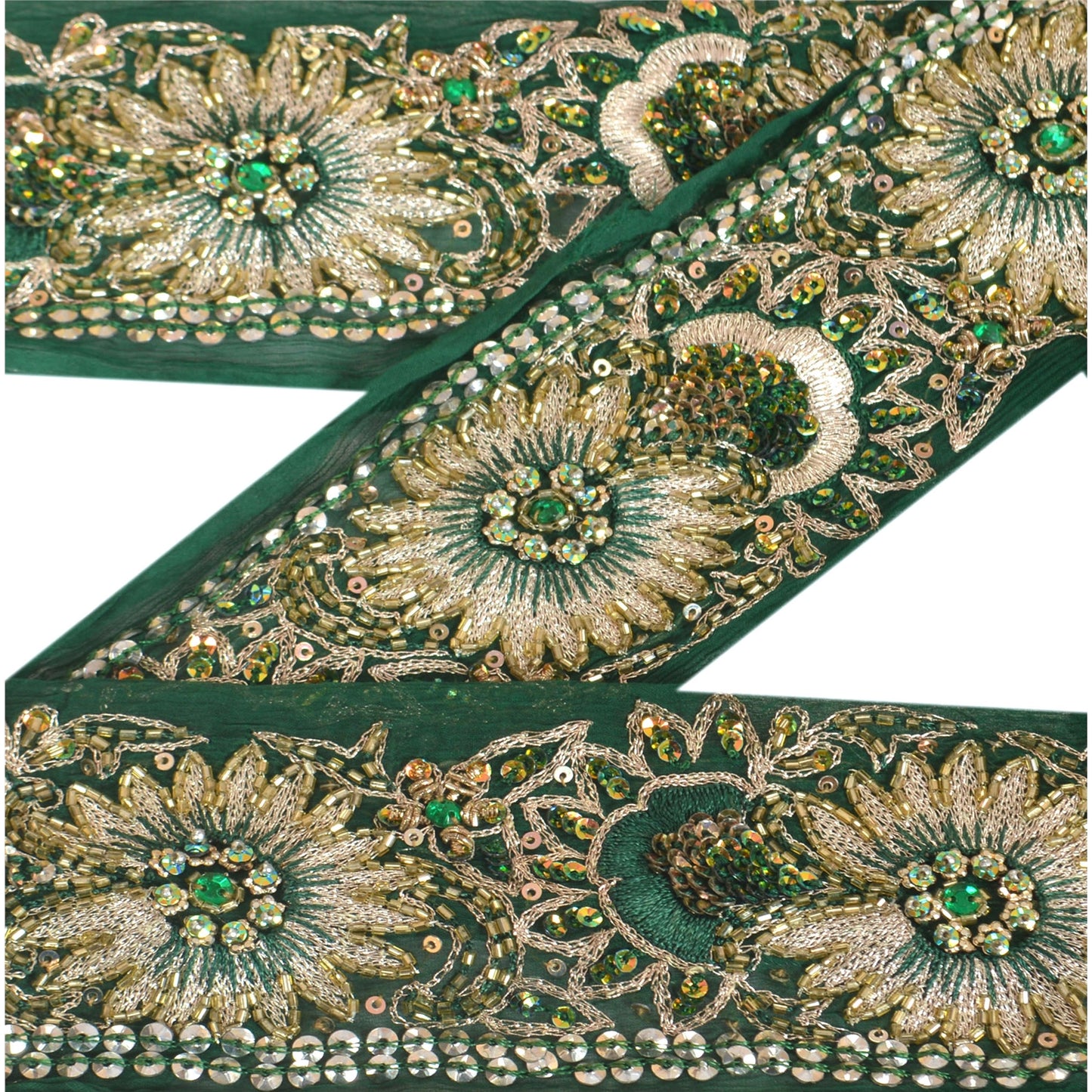 SANSKRITI VINTAGE Sari Border Hand Beaded 1YD Indian Trim Sewing Green Zari Lace