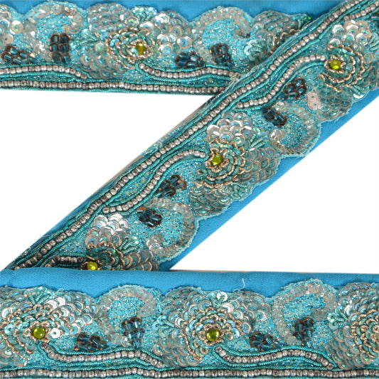 Sanskriti Vintage Sari Border Hand Beaded 1YD Indian Trim Décor Ribbon Blue Lace