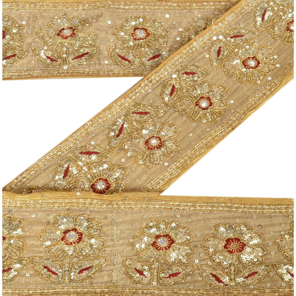 Sanskriti Vintage Sari Border Hand Beaded 1 YD Indian Trim Sewing Golden Lace