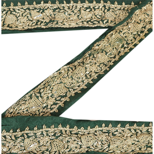 Sanskriti Vintage Sari Border Hand Beaded 1 Yard Trims Sewing Green Decor Lace