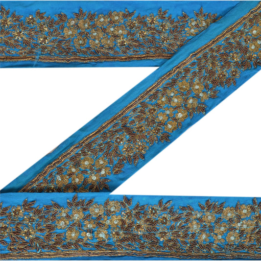 Sanskriti Vintage Sari Border Hand Beaded 1YD Indian Trim Décor Ribbon Blue Lace