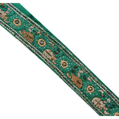 Sanskriti Vintage Sari Border Hand Beaded 1 YD Trim Sewing Green Zircon Lace