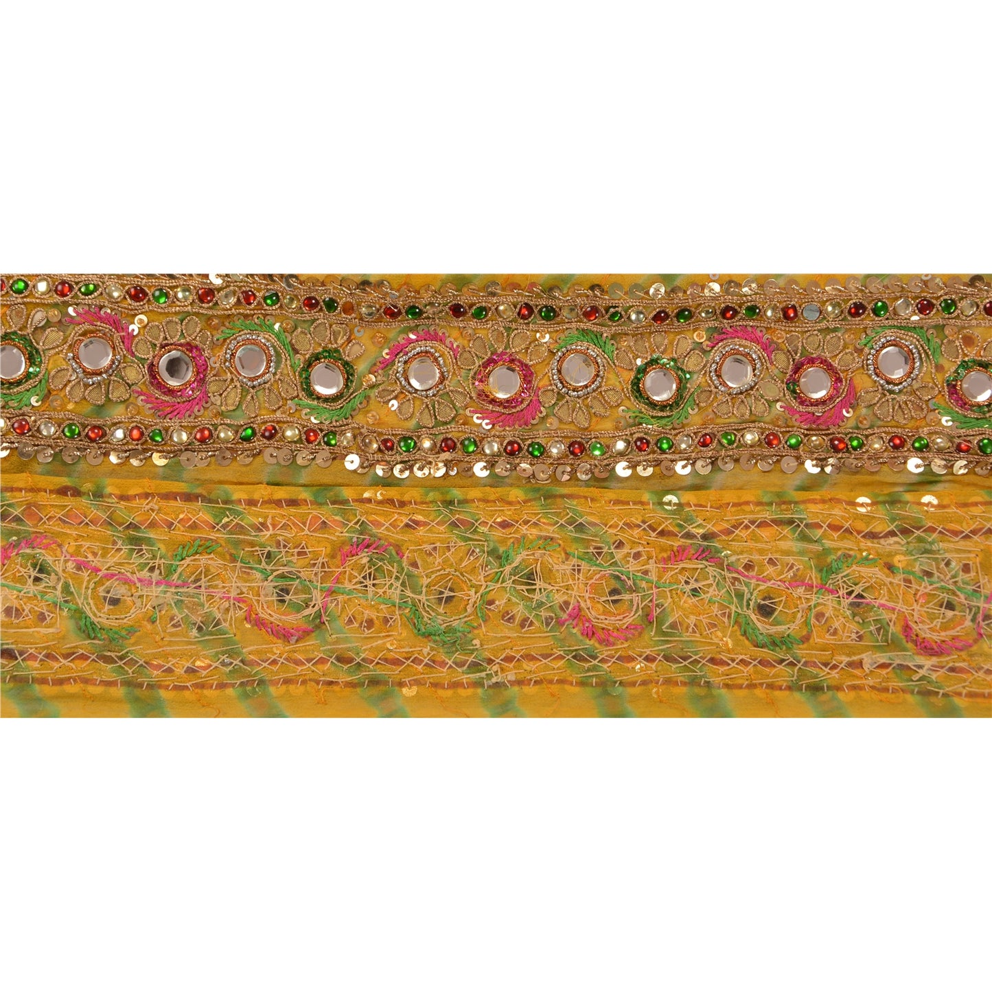 Sanskriti Vintage Sari Border Hand Beaded Leheria 1 YD Trim Sewing Yellow Lace