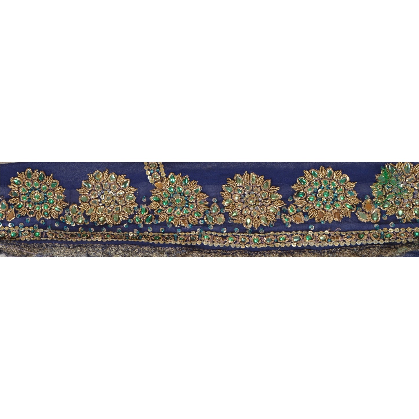 Sanskriti Vintage Sari Border Hand Beaded 1YD Trim Sewing Blue Kundan Stone Lace