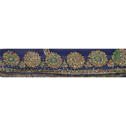 Sanskriti Vintage Sari Border Hand Beaded 1YD Trim Sewing Blue Kundan Stone Lace