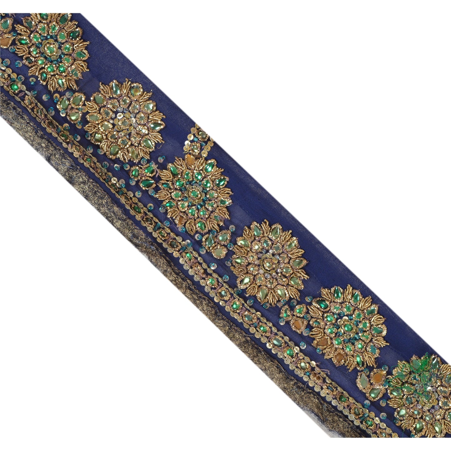 Sanskriti Vintage Sari Border Hand Beaded 1YD Trim Sewing Blue Kundan Stone Lace