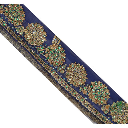 Sanskriti Vintage Sari Border Hand Beaded 1YD Trim Sewing Blue Kundan Stone Lace