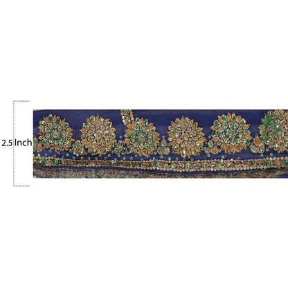 Sanskriti Vintage Sari Border Hand Beaded 1YD Trim Sewing Blue Kundan Stone Lace