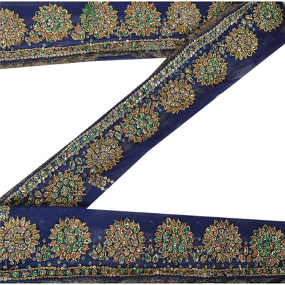 Sanskriti Vintage Sari Border Hand Beaded 1YD Trim Sewing Blue Kundan Stone Lace