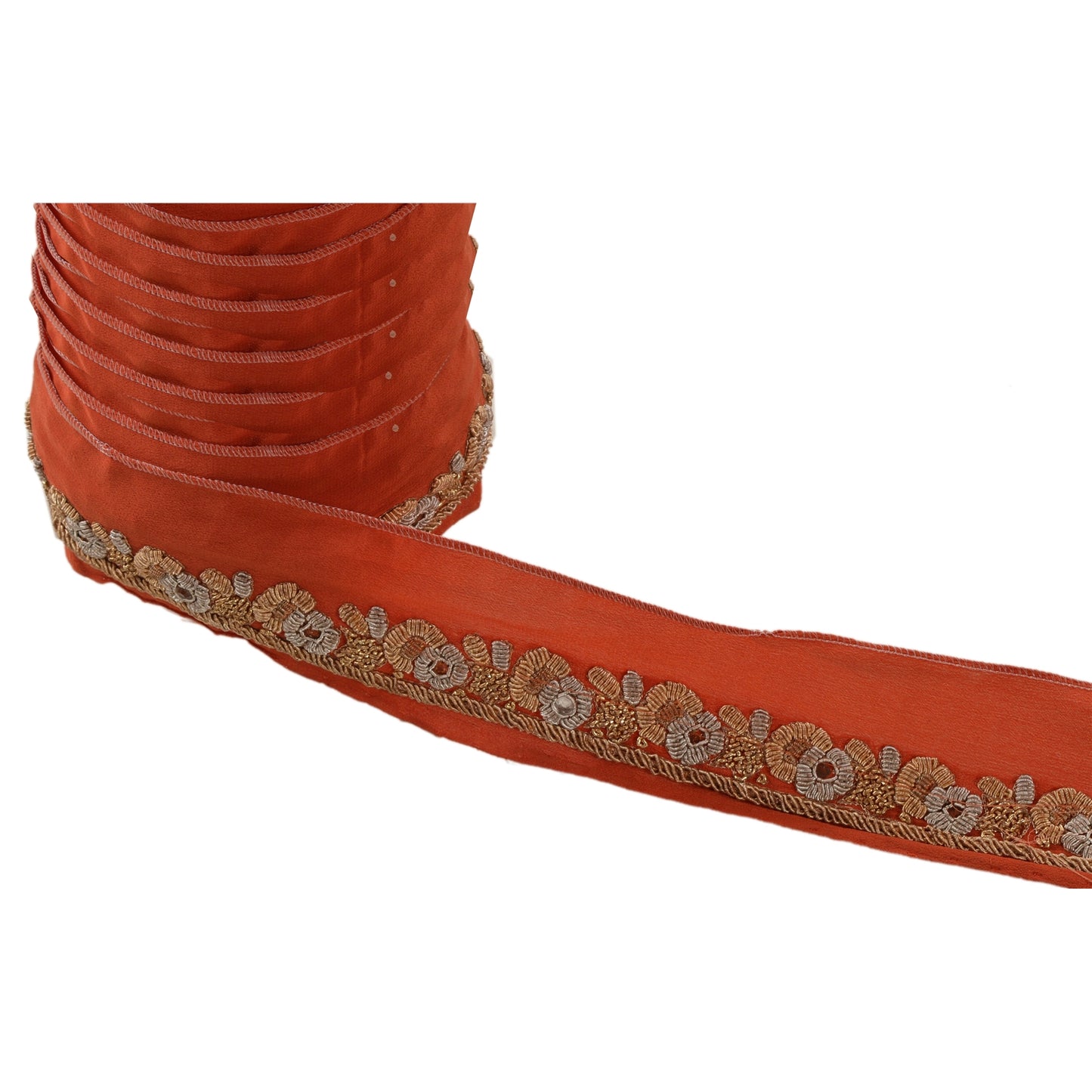 Sanskriti Vintage Sari Border Hand Embroidered 1 Yard Trims Ribbon Orange Lace