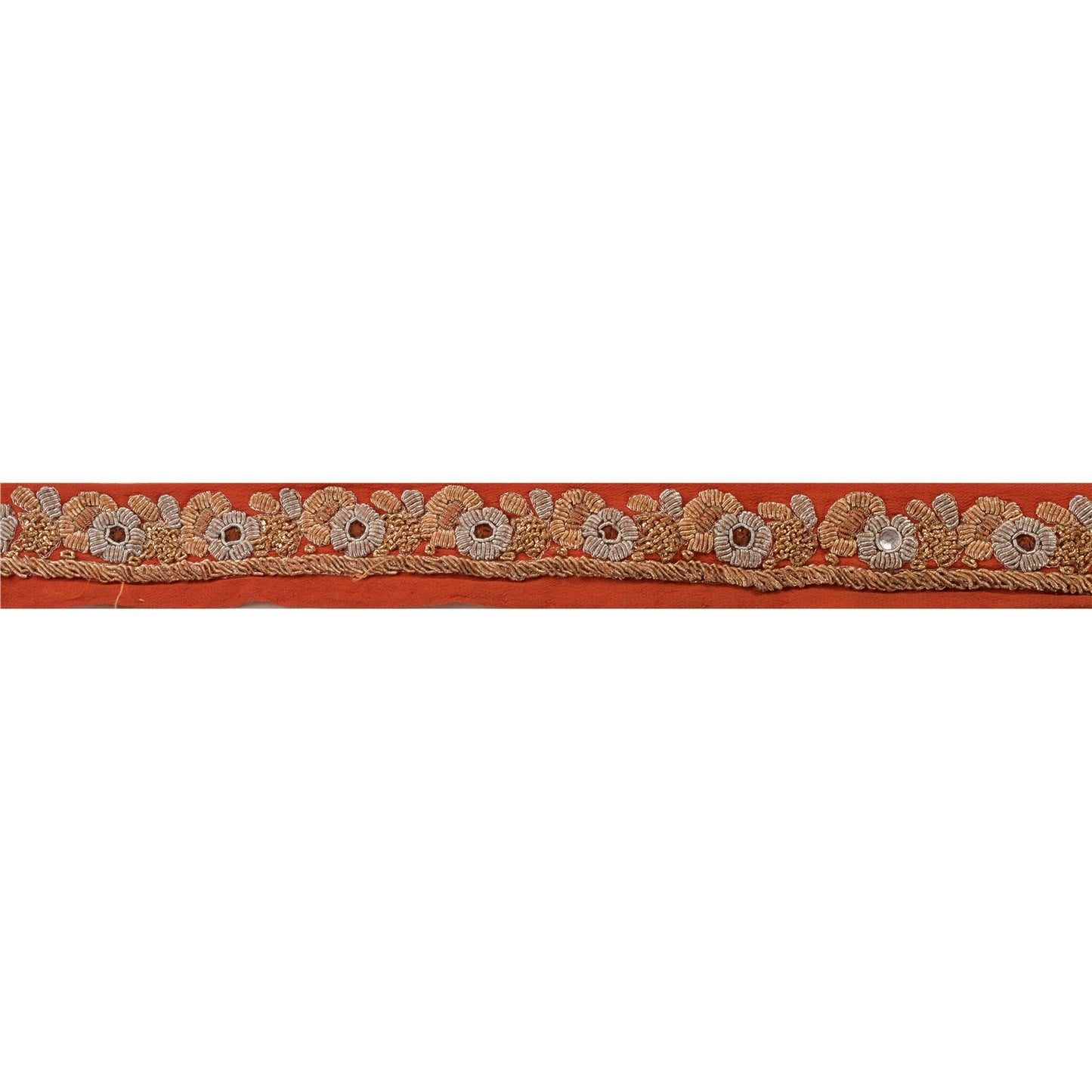 Sanskriti Vintage Sari Border Hand Embroidered 1 Yard Trims Ribbon Orange Lace