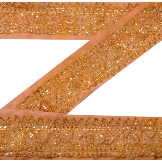 Sanskriti Vintage Sari Border Hand Beaded 1 Yard Trims Sewing Peach Decor Lace