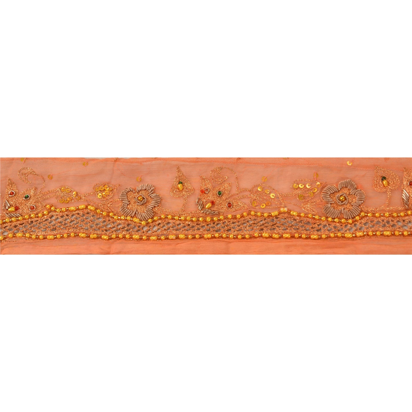 Sanskriti Vintage Sari Border Hand Beaded 1YD Indian Trim Sewing Peach Zari Lace