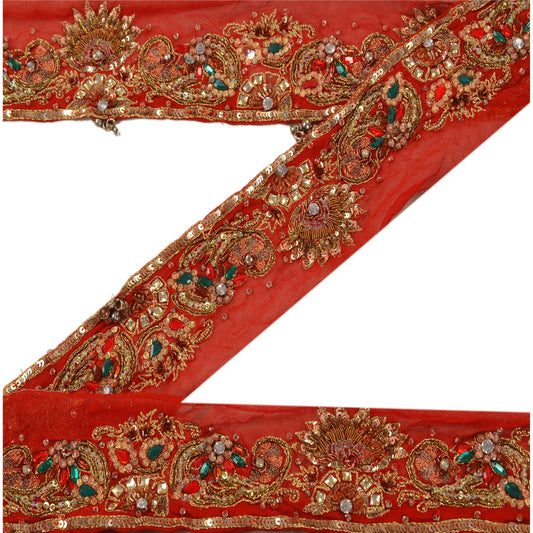 Sanskriti Vintage Sari Border Hand Beaded 1YD Indian Trim Sewing Red Decor Lace