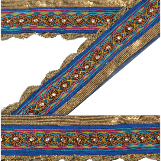 Sanskriti Vintage Sari Border Hand Beaded 1YD Indian Trim Sewing Blue Decor Lace