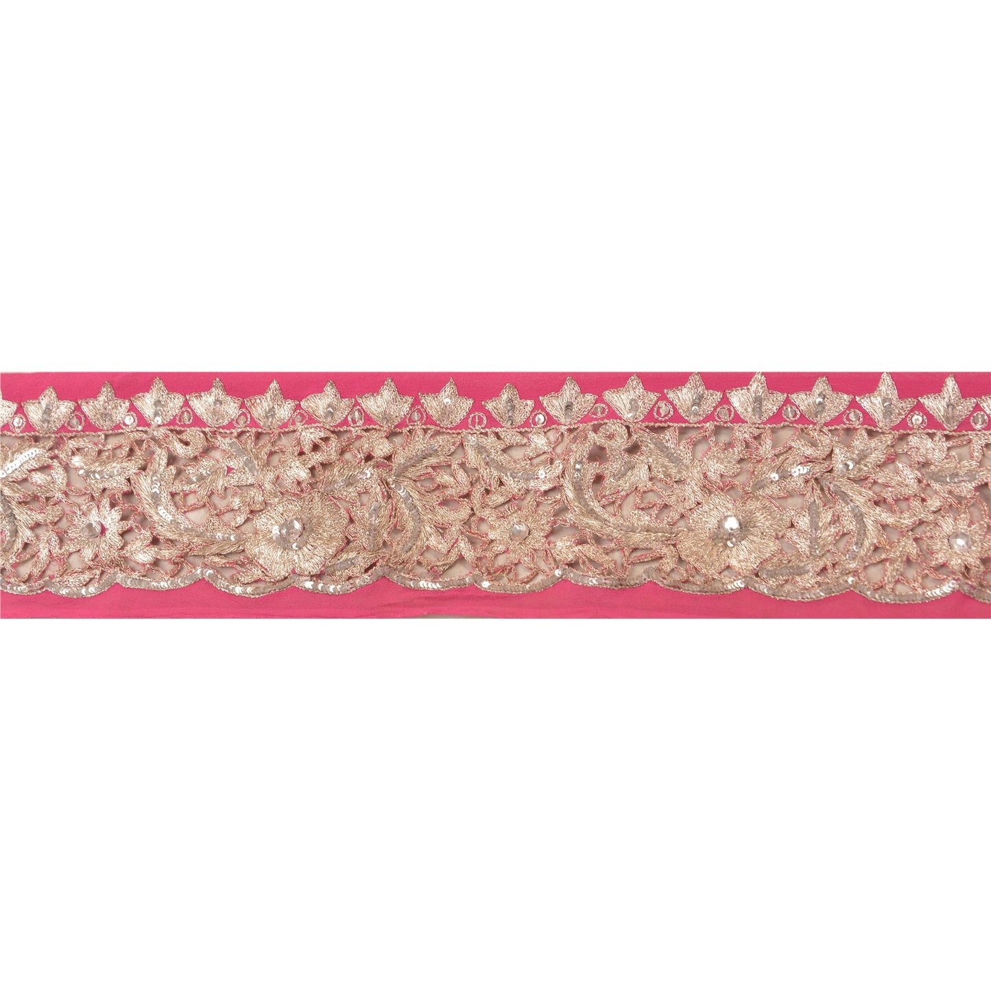 Sanskriti Vintage Sari Border Hand Beaded 1YD Indian Trim Sewing Pink Zari Lace