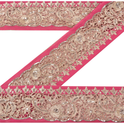 Sanskriti Vintage Sari Border Hand Beaded 1YD Indian Trim Sewing Pink Zari Lace