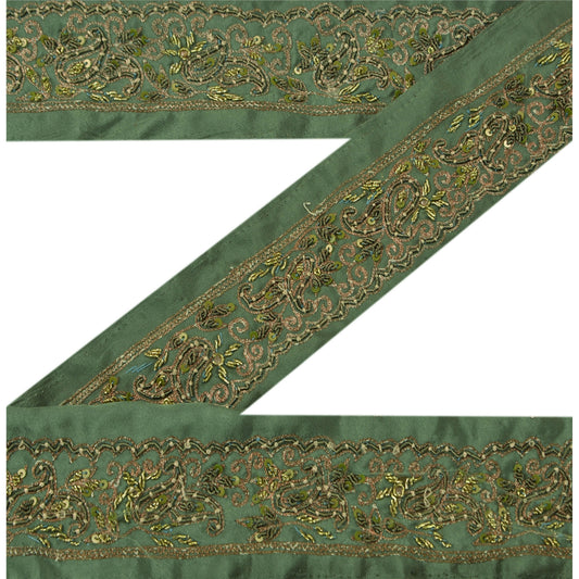 Sanskriti Vintage Sari Border Hand Beaded 1 Yard Trims Décor Ribbon Green Lace