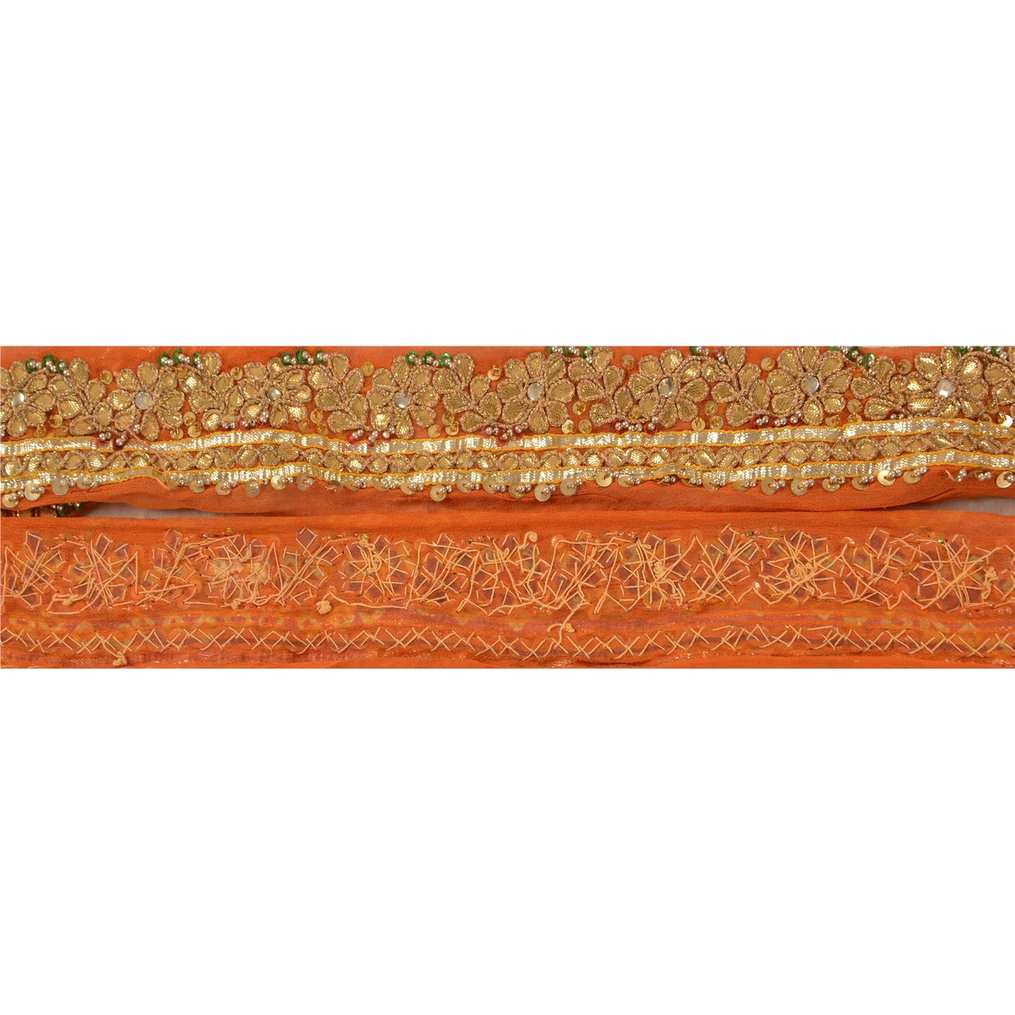 Sanskriti Vintage Sari Border Hand Beaded 1 YD Trim Sewing Orange Craft Lace