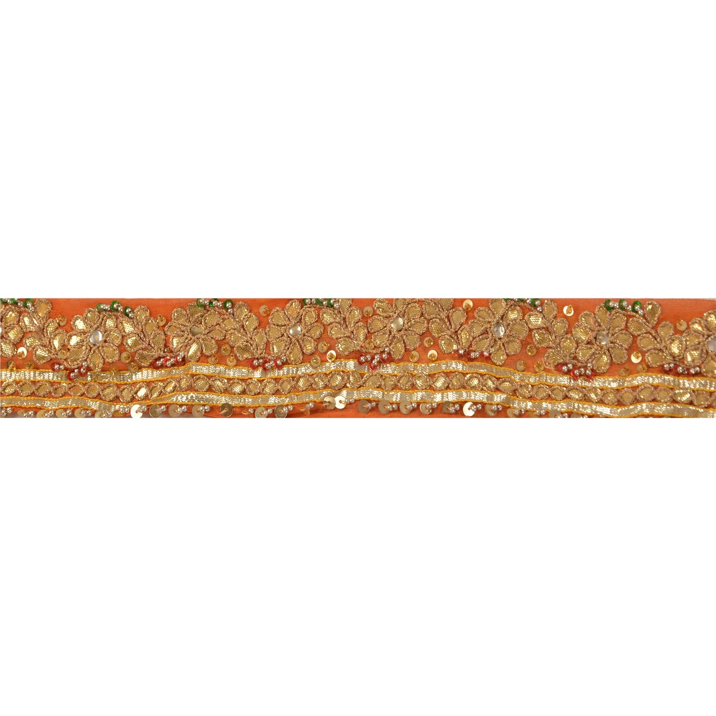 Sanskriti Vintage Sari Border Hand Beaded 1 YD Trim Sewing Orange Craft Lace