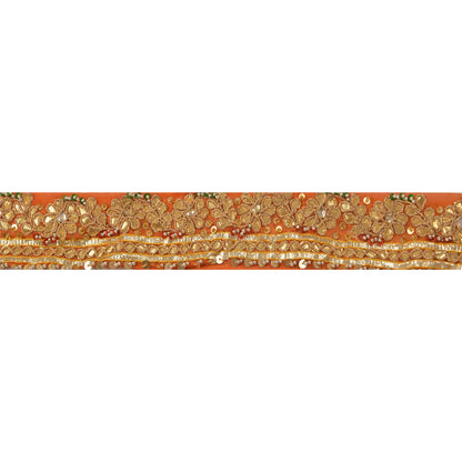 Sanskriti Vintage Sari Border Hand Beaded 1 YD Trim Sewing Orange Craft Lace