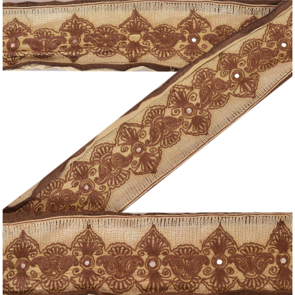 Sanskriti Vintage Sari Border Hand Embroidered 1 YD Trim Sewing Brown Craft Lace