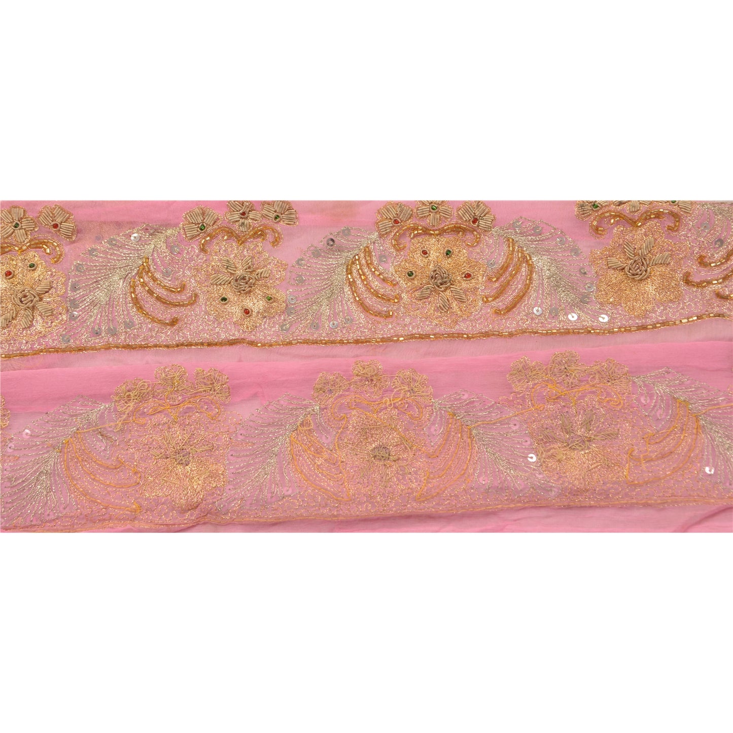 Sanskriti Vintage Sari Border Hand Beaded 1YD Indian Trim Sewing Pink Zari Lace